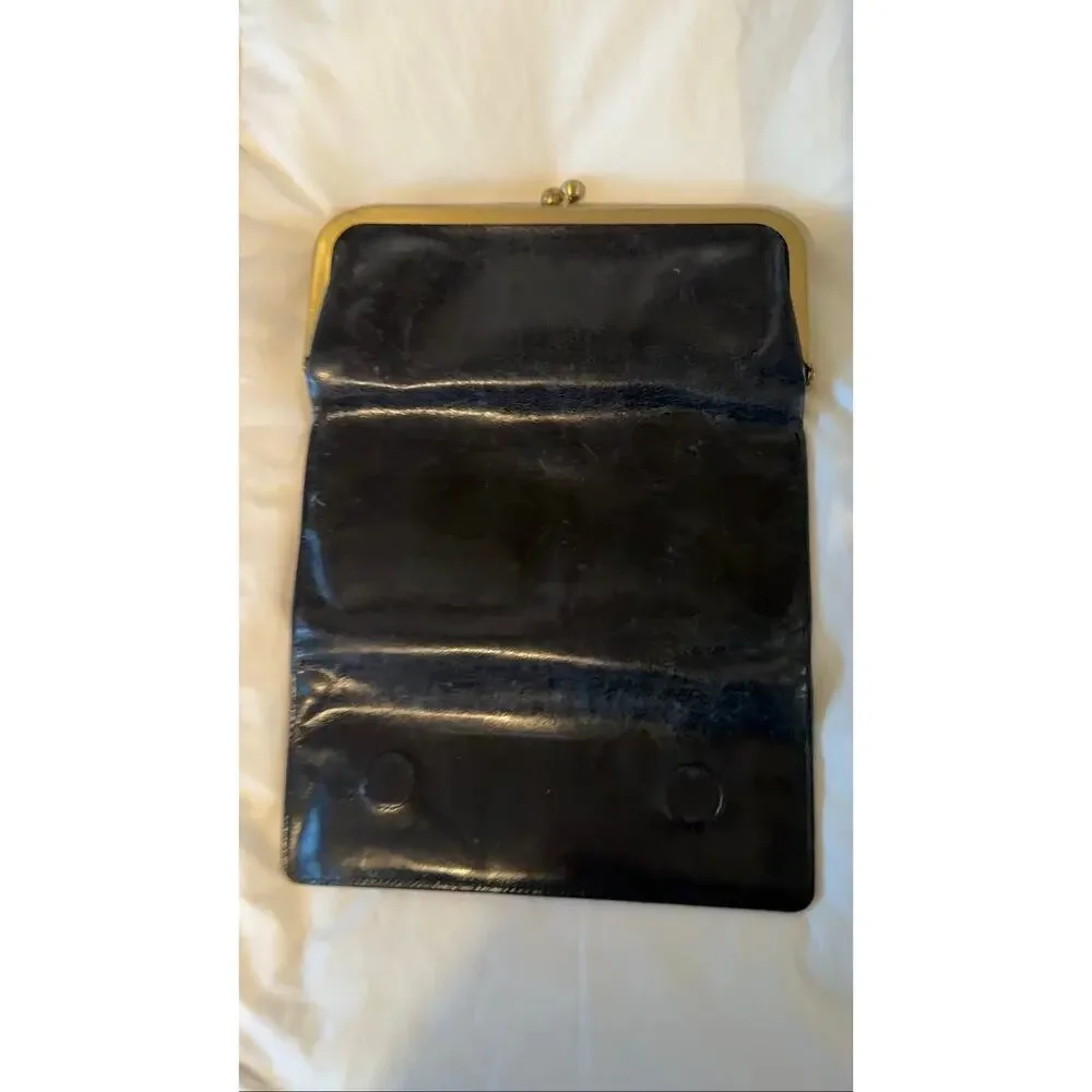 Hobo Clutch Purse Bronze Hardware Inner Pocket Leather Kiss Lock Black